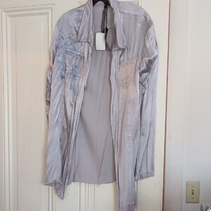 Stylish Light Gray Open Front Assymetric Print Jacket